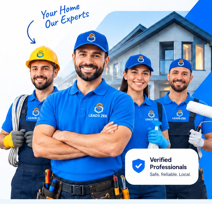 Four LeadsZee home service professionals in branded uniforms standing in front of a house